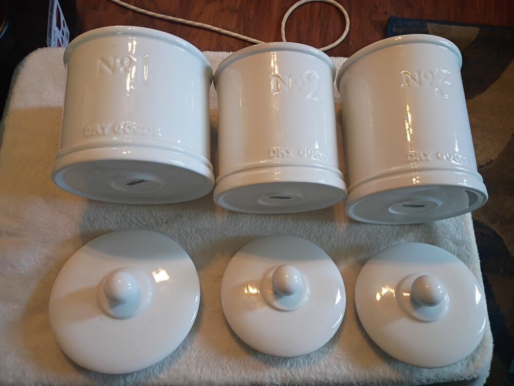Fitz And Lloyd Milk White Canister Set Of 3 No1,2,3 With Lids Complete Set